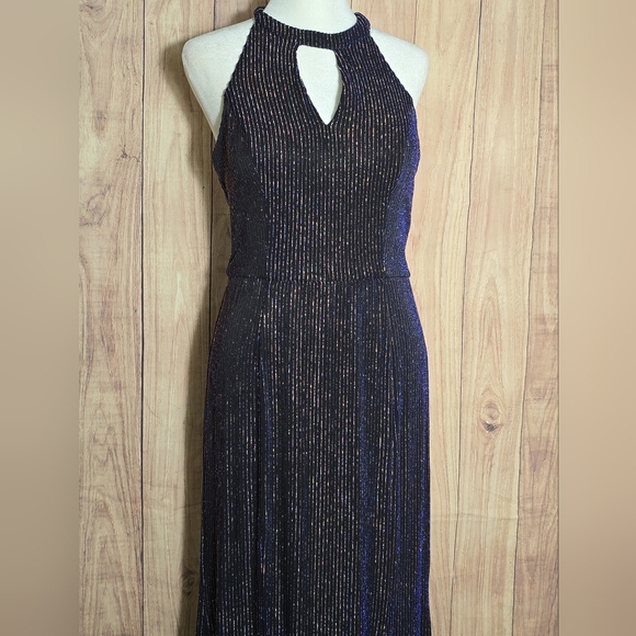 Nightway Black/BlueDress With Metallic Stripes Embellished Halter Maxi Gown 10 - Picture 4 of 12